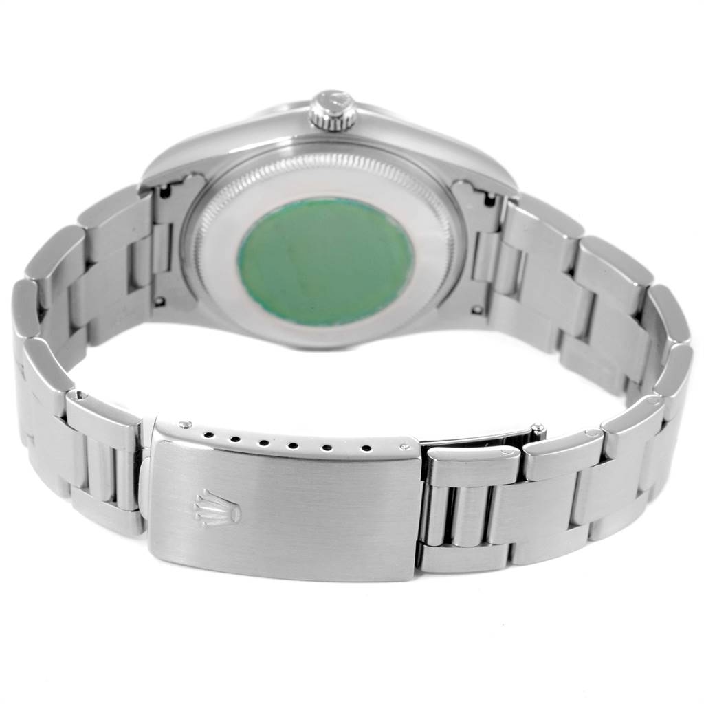 The image shows the back of a Rolex Air-King 14000 Men's Stainless Steel Black Dial 14000 Men's Stainless Steel Black Dial watch, highlighting its clasp, bracelet, and case back.