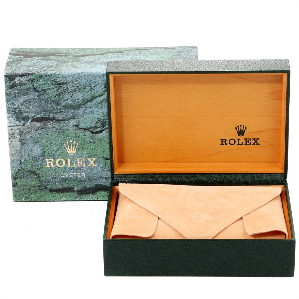 The image shows the packaging box and inner case for the Rolex Air-King 14000 Men's Stainless Steel Black Dial 14000 Men's Stainless Steel Black Dial watch, with the branded pouch inside.