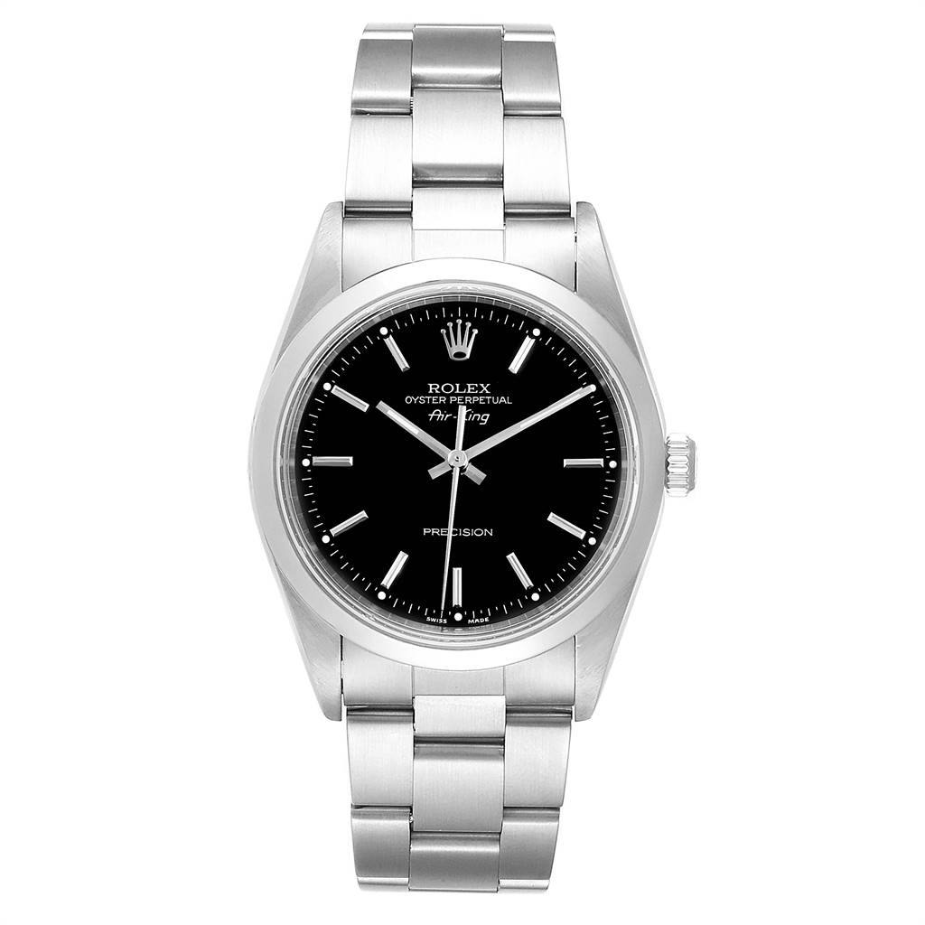 The image shows a front view of the Rolex Air-King 14000 Men's Stainless Steel Black Dial 14000 Men's Stainless Steel Black Dial watch, highlighting the dial, bezel, and bracelet.