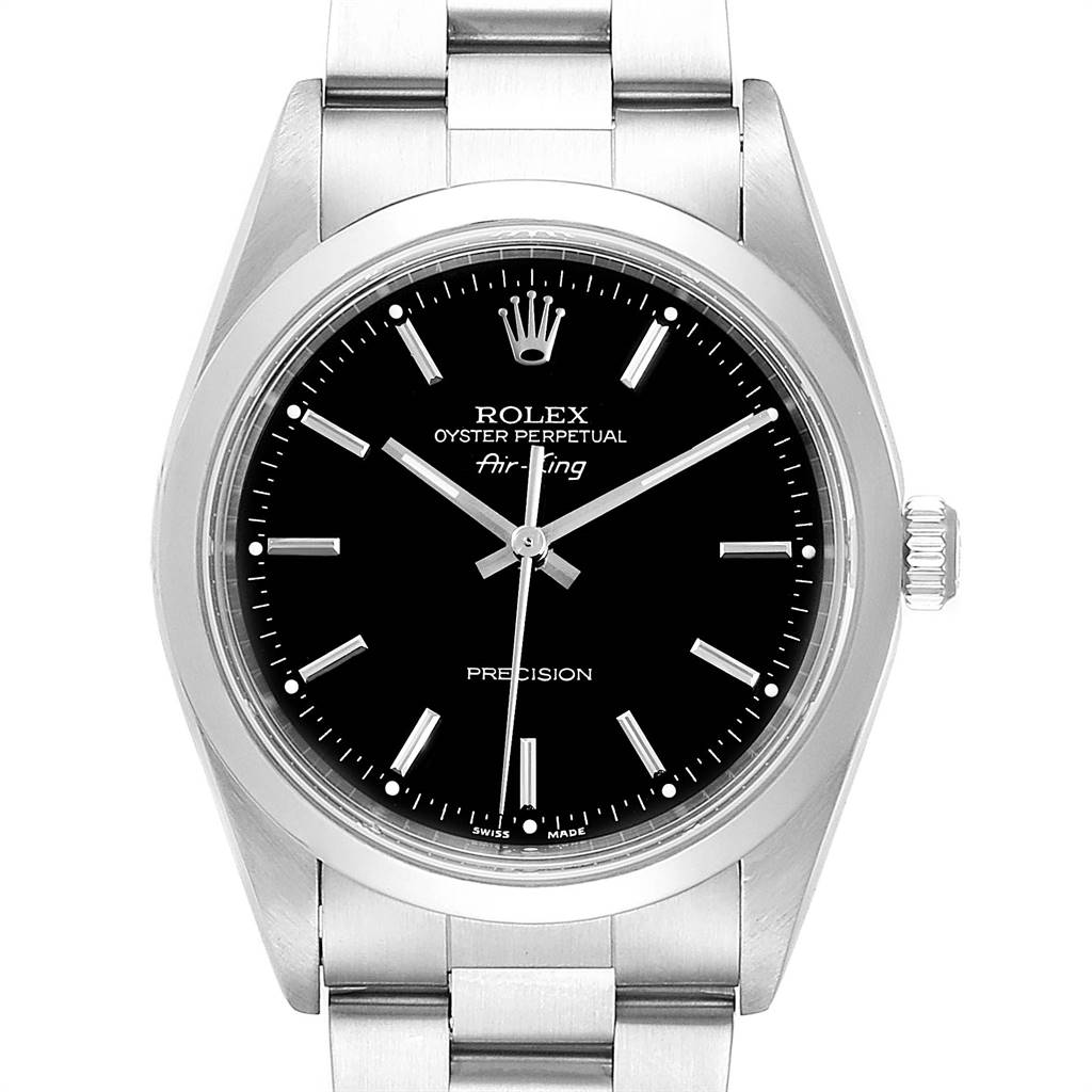 The image shows a front view of a Rolex Air-King 14000 Men's Stainless Steel Black Dial 14000 Men's Stainless Steel Black Dial watch, featuring its face, bezel, crown, and part of the bracelet.