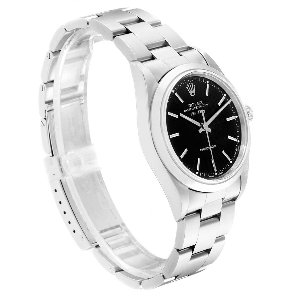 The image shows a side angle of a Rolex Air-King 14000 Men's Stainless Steel Black Dial 14000 Men's Stainless Steel Black Dial watch, highlighting the bracelet, case, and black dial with markers.
