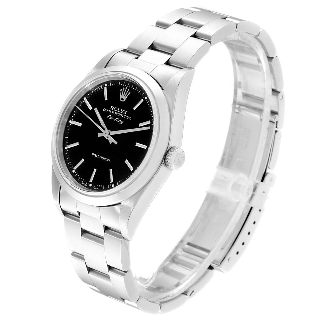 The Rolex Air-King 14000 Men's Stainless Steel Black Dial 14000 Men's Stainless Steel Black Dial watch is shown at a three-quarter side angle, displaying the face, bezel, crown, and part of the bracelet.