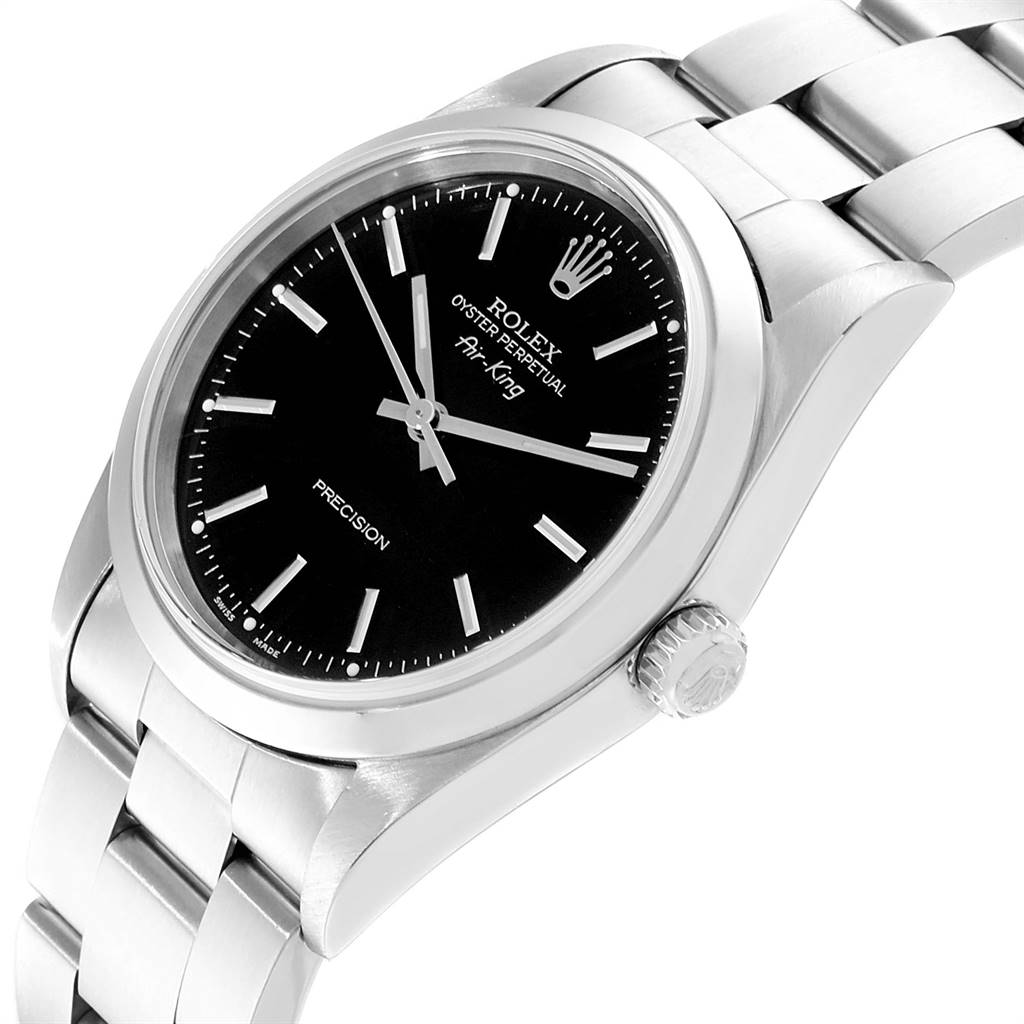 The Rolex Air-King 14000 Men's Stainless Steel Black Dial 14000 Men's Stainless Steel Black Dial watch is shown at a tilted angle, highlighting the dial, bezel, case, crown, and part of the bracelet.