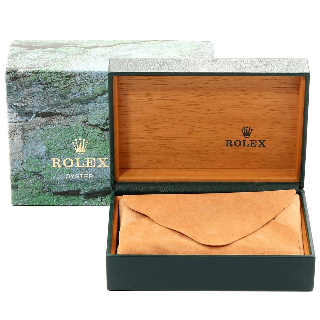 This image shows an open Rolex watch box for the Air-King model with a suede watch pouch inside and the closed outer box behind.