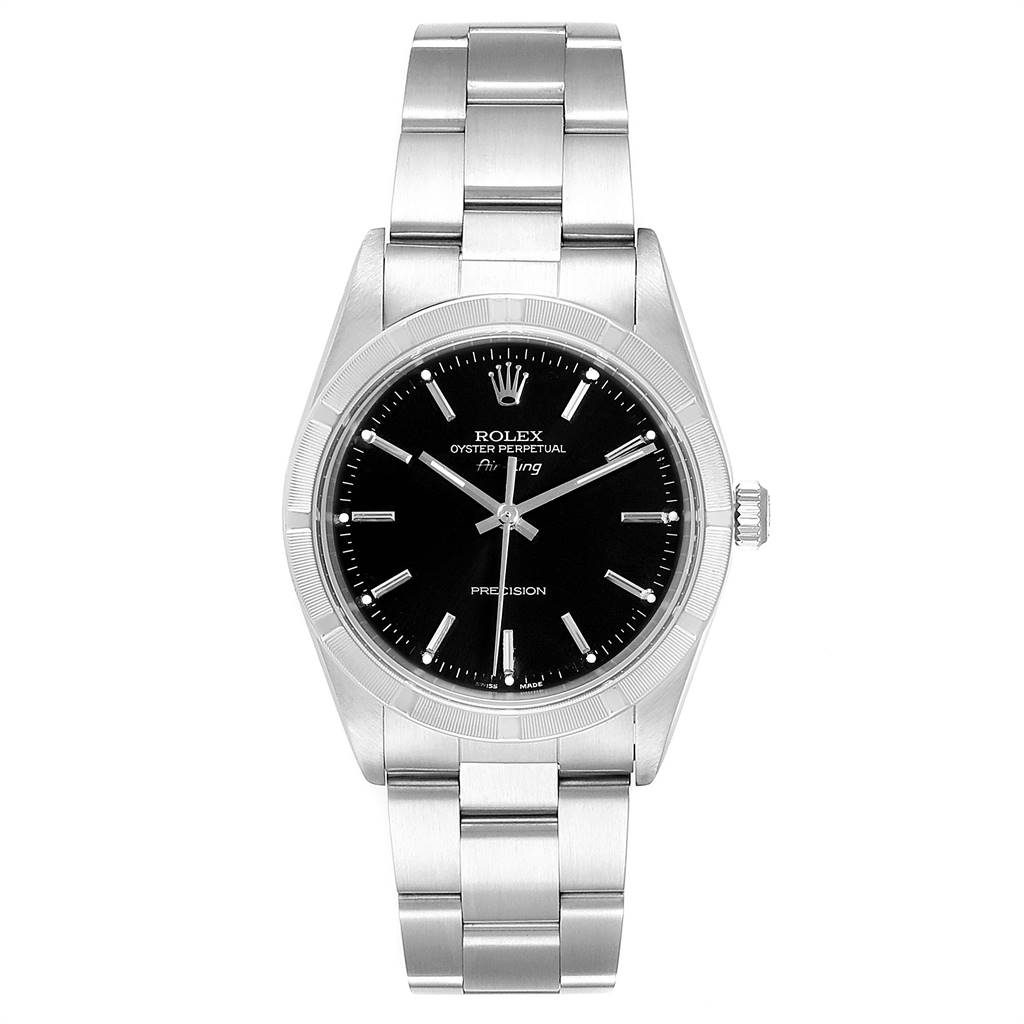 The image shows a front view of the Rolex Air-King 14010 Men's Stainless Steel Black Dial 14010 Men's Stainless Steel Black Dial watch, highlighting its black dial, stainless steel case, and bracelet.