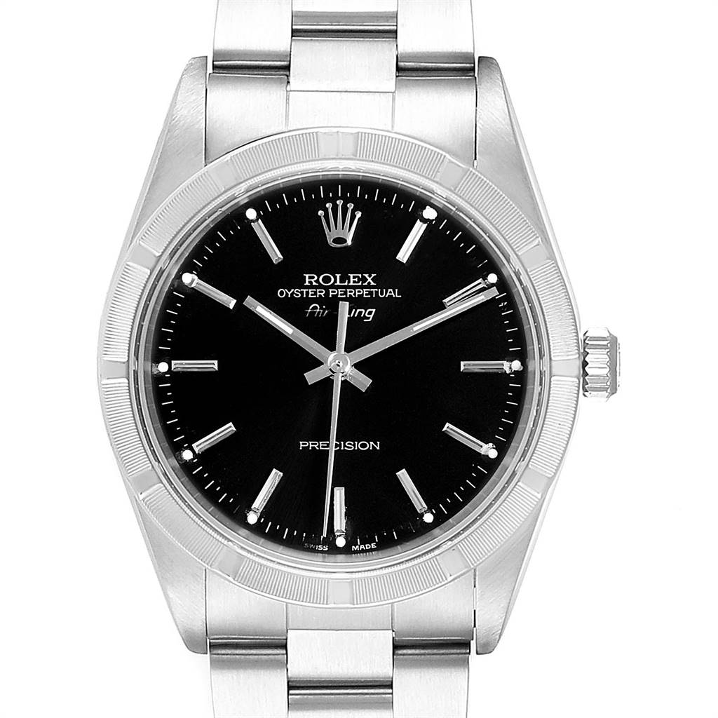 This image shows a front view of a Rolex Air-King 14010 Men's Stainless Steel Black Dial 14010 Men's Stainless Steel Black Dial watch, highlighting the black dial, silver hands, and stainless steel bracelet.