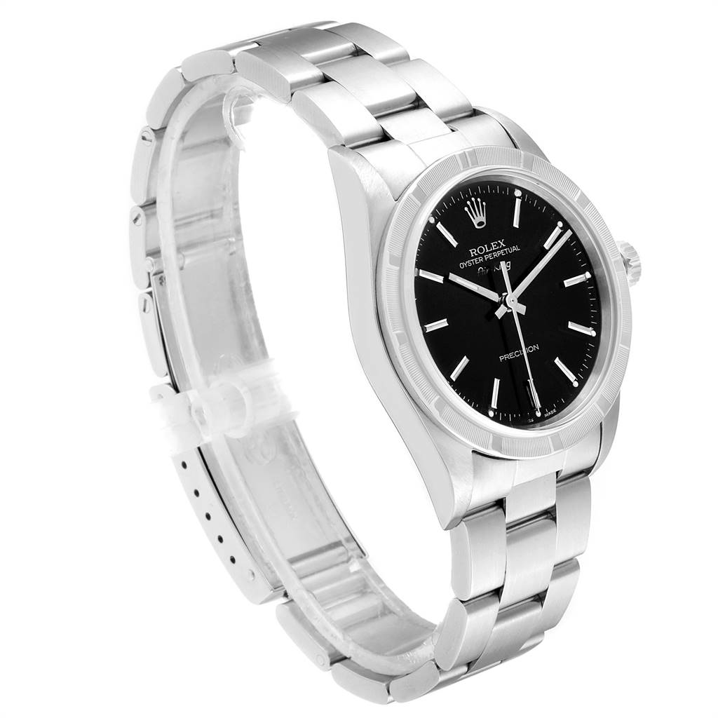 The Rolex Air-King 14010 Men's Stainless Steel Black Dial 14010 Men's Stainless Steel Black Dial watch is shown at a front-left angle, displaying its black dial, bezel, and stainless steel bracelet.