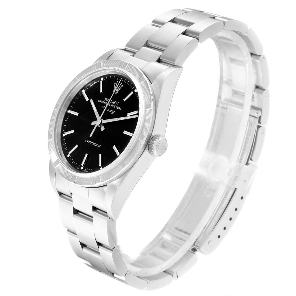 This image shows a Rolex Air-King 14010 Men's Stainless Steel Black Dial 14010 Men's Stainless Steel Black Dial watch angled slightly from the left, highlighting its black dial, stainless steel case, and bracelet.