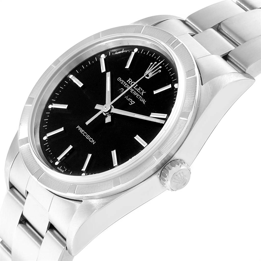 The image shows an angled view of the Rolex Air-King 14010 Men's Stainless Steel Black Dial 14010 Men's Stainless Steel Black Dial watch, highlighting the dial, bezel, crown, and bracelet.