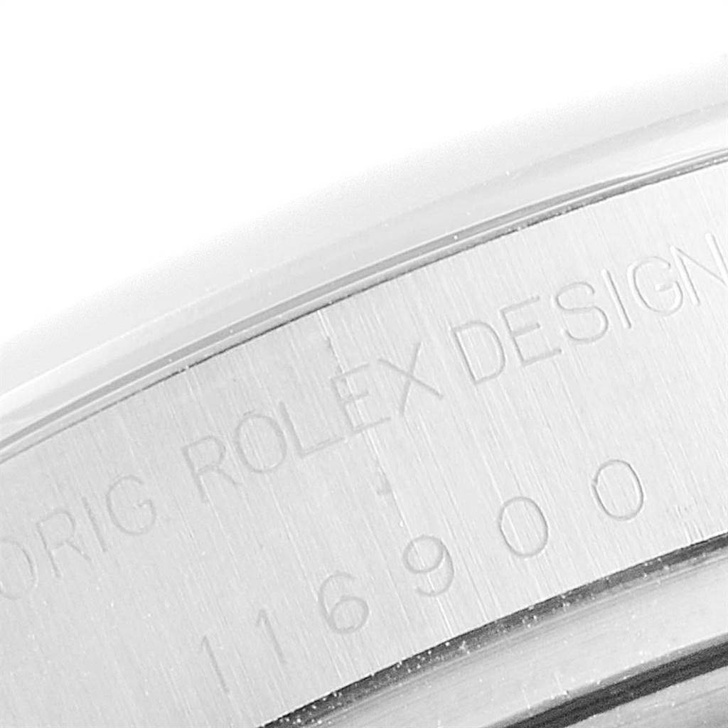 This image shows a close-up of the case with "ORIG ROLEX DESIGN" and model number engraving on a Rolex Air-King 116900 Men's Stainless Steel Black Dial 116900 Men's Stainless Steel Black Dial watch.