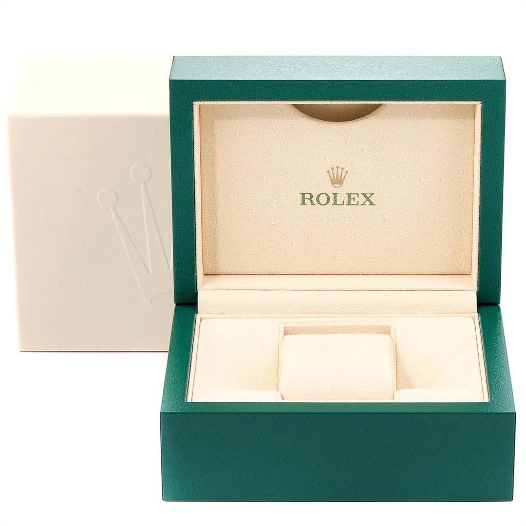 The image shows an open green and beige Rolex Air-King 116900 Men's Stainless Steel Black Dial 116900 Men's Stainless Steel Black Dial watch box, viewed from the front.