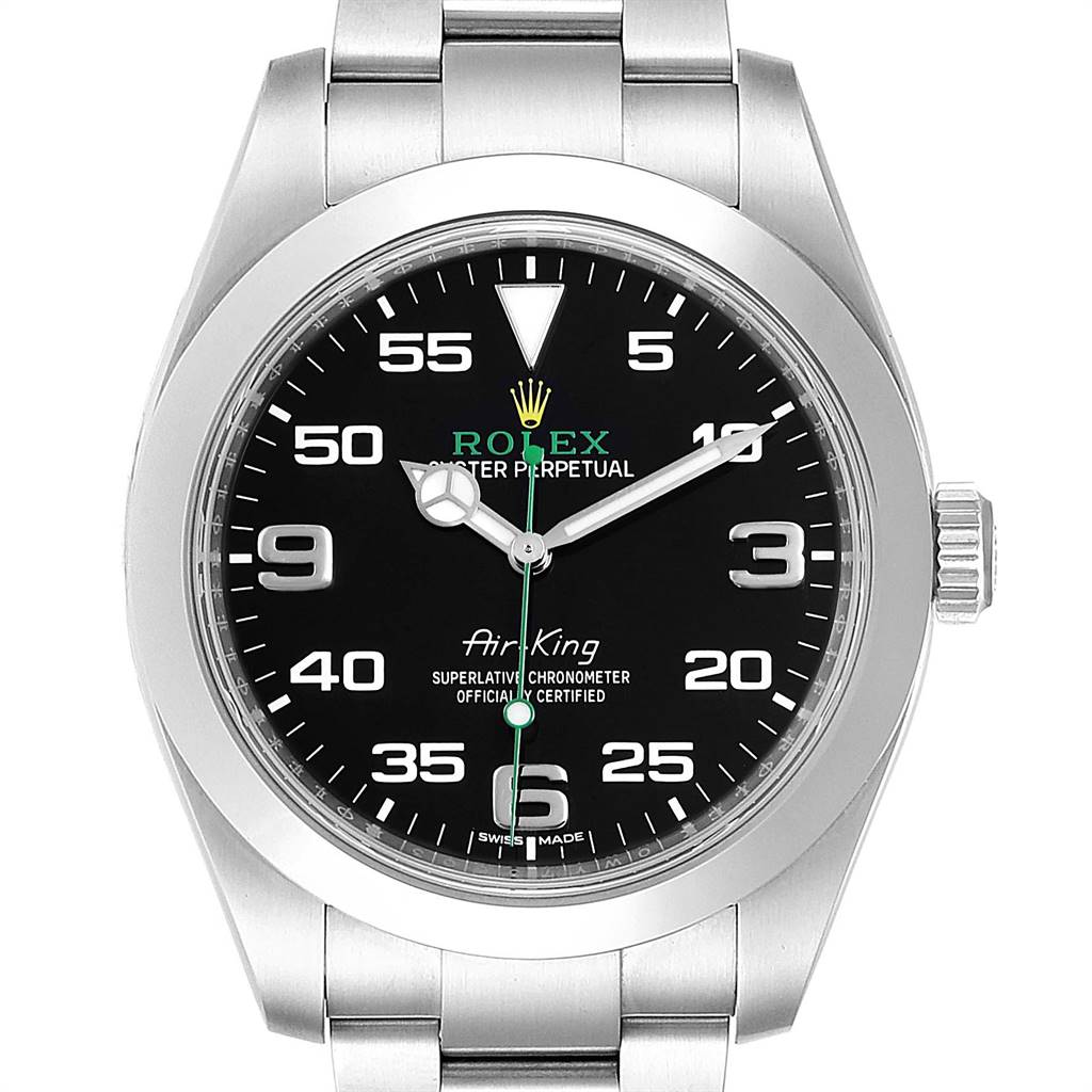 The image shows a frontal view of a Rolex Air-King 116900 Men's Stainless Steel Black Dial 116900 Men's Stainless Steel Black Dial watch, displaying the face, bezel, and part of the metal bracelet.