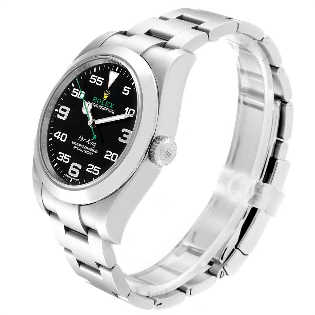 The image shows a side angle of a Rolex Air-King 116900 Men's Stainless Steel Black Dial 116900 Men's Stainless Steel Black Dial watch, highlighting the black dial, silver bezel, and metal bracelet.