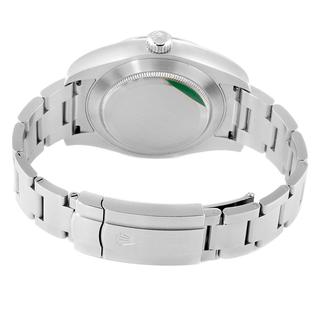 This image shows the back view of a Rolex Air-King 116900 Men's Stainless Steel Black Dial 116900 Men's Stainless Steel Black Dial watch, highlighting the case back and the bracelet with the clasp.