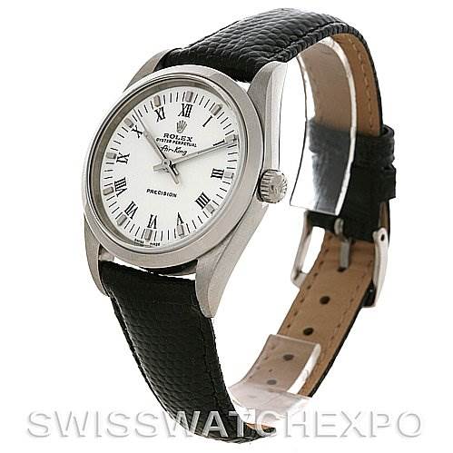 This image shows a Rolex Air-King 14000 Men's Stainless Steel White Dial 14000 Men's Stainless Steel White Dial watch from an angled side view, displaying the dial, bezel, case, crown, and leather strap.
