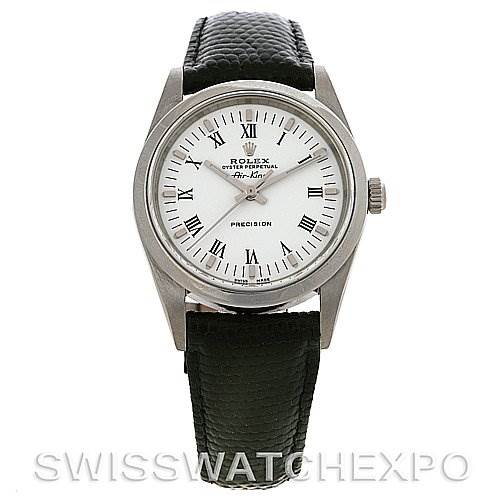 The image shows a front view of a Rolex Air-King 14000 Men's Stainless Steel White Dial 14000 Men's Stainless Steel White Dial watch, featuring a white dial, Roman numerals, and a black leather strap.