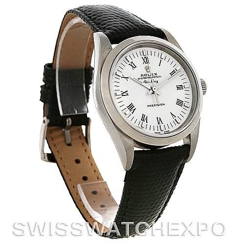 The image shows a Rolex Air-King 14000 Men's Stainless Steel White Dial 14000 Men's Stainless Steel White Dial watch at a slight angle, displaying its white dial, Roman numeral markers, and black leather strap.