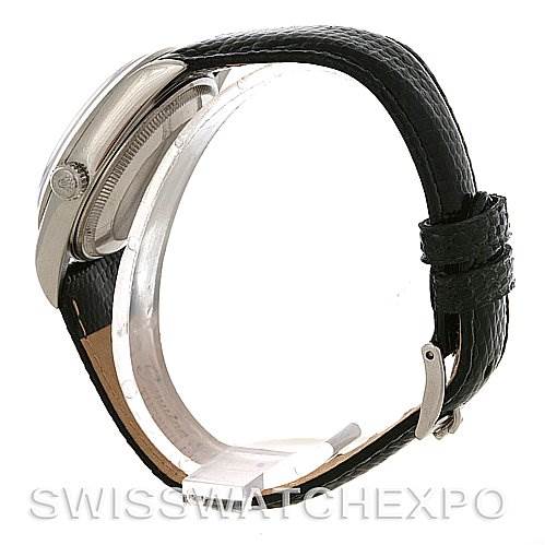 This side view of the Rolex Air-King 14000 Men's Stainless Steel White Dial 14000 Men's Stainless Steel White Dial watch displays the case, crown, and black leather strap.