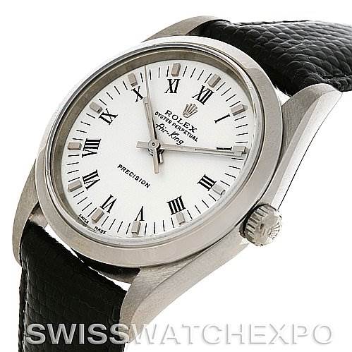 The image shows a slight side-angle view of a Rolex Air-King 14000 Men's Stainless Steel White Dial 14000 Men's Stainless Steel White Dial watch, highlighting the watch face and crown, with a black leather strap.