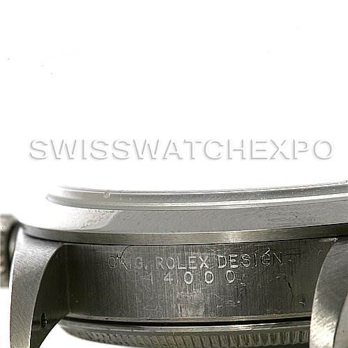 The image shows a close-up side view of the Rolex Air-King 14000 Men's Stainless Steel White Dial 14000 Men's Stainless Steel White Dial watch, highlighting its casing with engraved text.