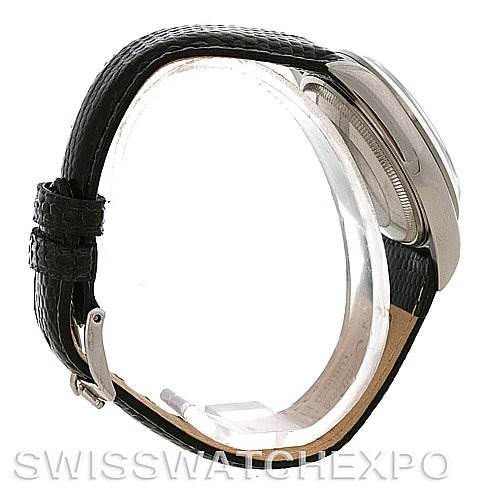 The image shows a Rolex Air-King 14000 Men's Stainless Steel White Dial 14000 Men's Stainless Steel White Dial watch from the side, highlighting the case, bezel, and leather strap.