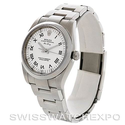 This image shows a Rolex Air-King 114200 Men's Stainless Steel White Dial 114200 Men's Stainless Steel White Dial watch at a front angle featuring its dial, bracelet, and partially open clasp.