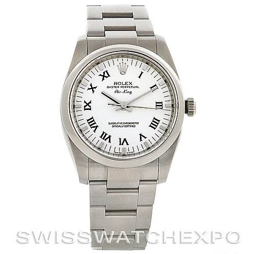 This Rolex Air-King 114200 Men's Stainless Steel White Dial 114200 Men's Stainless Steel White Dial watch is pictured from the front, showing the face, bezel, bracelet, and crown.