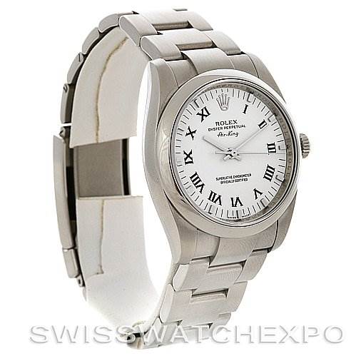 The image displays a Rolex Air-King 114200 Men's Stainless Steel White Dial 114200 Men's Stainless Steel White Dial watch at a front angled view, showcasing the face, bezel, crown, and bracelet.