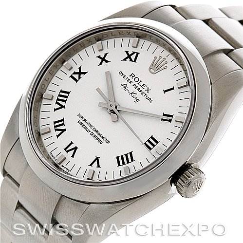 The image shows a Rolex Air-King 114200 Men's Stainless Steel White Dial 114200 Men's Stainless Steel White Dial watch from an oblique angle, highlighting the face, bezel, crown, and part of the bracelet.