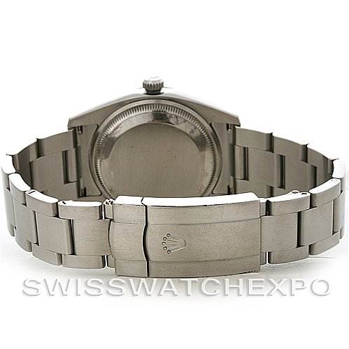 This image shows the back view of a Rolex Air-King 114200 Men's Stainless Steel White Dial 114200 Men's Stainless Steel White Dial watch, focusing on the clasp and bracelet.