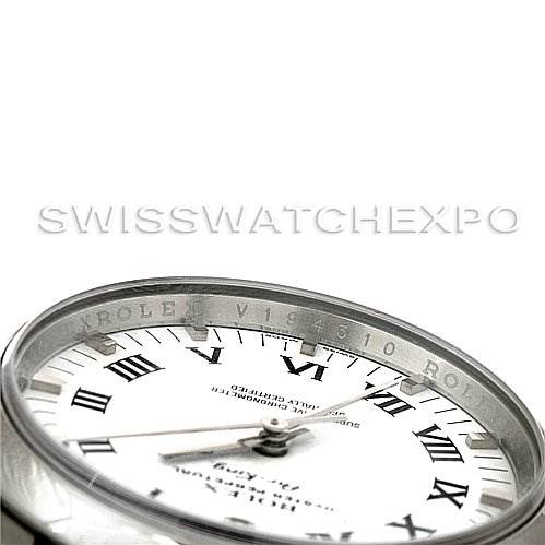 The image shows a close-up, angled view of the dial and bezel of a Rolex Air-King 114200 Men's Stainless Steel White Dial 114200 Men's Stainless Steel White Dial watch.