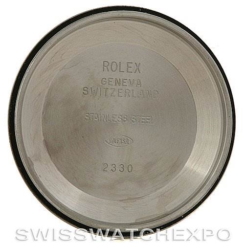 This is the interior view of the case back of a Rolex Air-King 114200 Men's Stainless Steel White Dial 114200 Men's Stainless Steel White Dial watch.