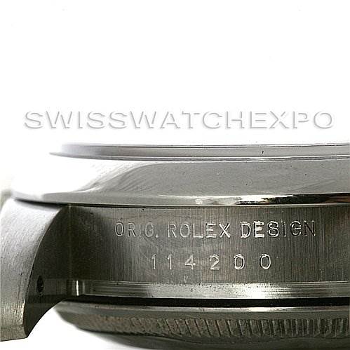 The image shows the side view of the bezel and case of a Rolex Air-King 114200 Men's Stainless Steel White Dial 114200 Men's Stainless Steel White Dial watch, highlighting the model number engraving.