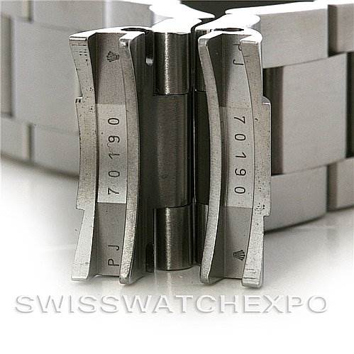 This image shows a close-up of the clasp and bracelet links of a Rolex Air-King 114200 Men's Stainless Steel White Dial 114200 Men's Stainless Steel White Dial watch, displaying model numbers and Rolex branding.