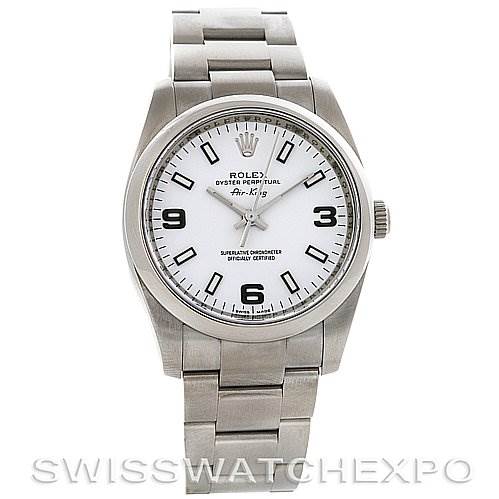 The image shows a front view of the Rolex Air-King 114200 Men's Stainless Steel White Dial 114200 Men's Stainless Steel White Dial watch, displaying its face, bezel, crown, and bracelet.