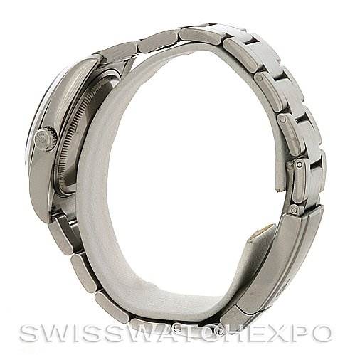 The image shows a side view of a Rolex Air-King 114200 Men's Stainless Steel White Dial 114200 Men's Stainless Steel White Dial watch, highlighting the crown and bracelet.