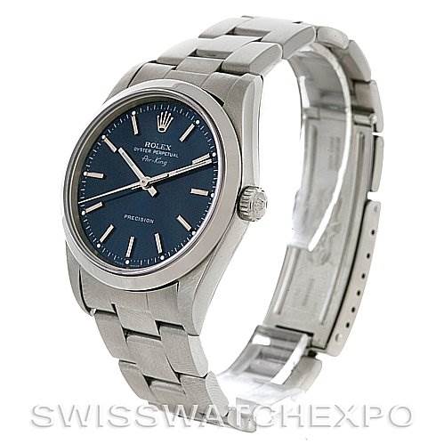 The image shows a Rolex Air-King 14000M Men's Stainless Steel Blue Dial 14000M Men's Stainless Steel Blue Dial watch at a slight side angle, highlighting the dial, case, crown, and partially open bracelet.