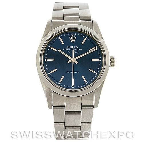 This image shows a frontal view of the Rolex Air-King 14000M Men's Stainless Steel Blue Dial 14000M Men's Stainless Steel Blue Dial watch, featuring the dial, bezel, crown, and bracelet.