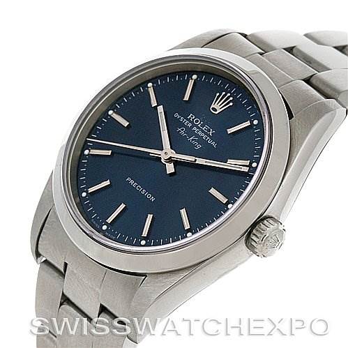 The image shows a side angle view of the Rolex Air-King 14000M Men's Stainless Steel Blue Dial 14000M Men's Stainless Steel Blue Dial watch, highlighting the face, crown, and bracelet.