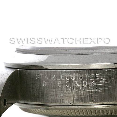 This image shows the side view of a Rolex Air-King 14000M Men's Stainless Steel Blue Dial 14000M Men's Stainless Steel Blue Dial watch, focusing on the screw-down case and stainless steel engraving.