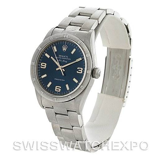 The image shows a Rolex Air-King 14010 Men's Stainless Steel Blue Dial 14010 Men's Stainless Steel Blue Dial watch at a three-quarter angle, highlighting the bracelet, case, dial, and crown.