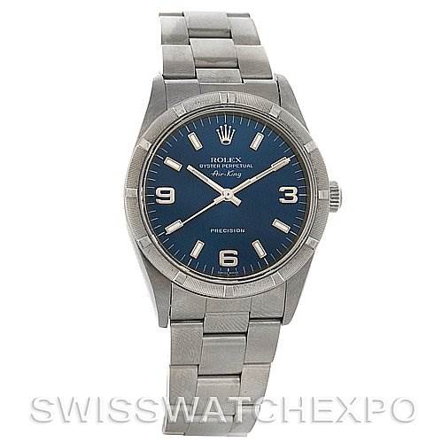 The image shows a full front view of the Rolex Air-King 14010 Men's Stainless Steel Blue Dial 14010 Men's Stainless Steel Blue Dial watch, displaying its dial, case, and bracelet.