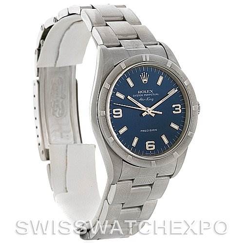 The Rolex Air-King 14010 Men's Stainless Steel Blue Dial 14010 Men's Stainless Steel Blue Dial watch is shown at an angle displaying the face, bezel, and part of the bracelet.