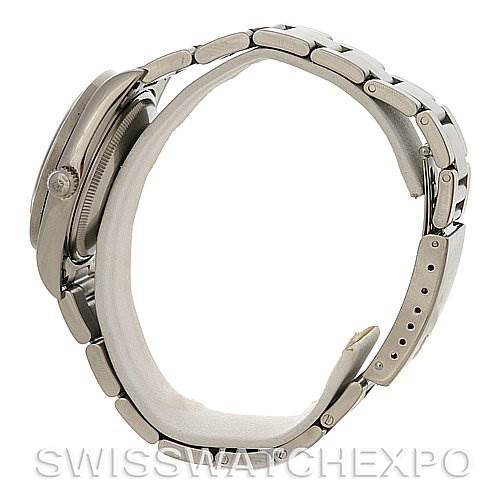 The image shows a side view of a Rolex Air-King 14010 Men's Stainless Steel Blue Dial 14010 Men's Stainless Steel Blue Dial watch, highlighting the bracelet and case with the crown and clasp visible.