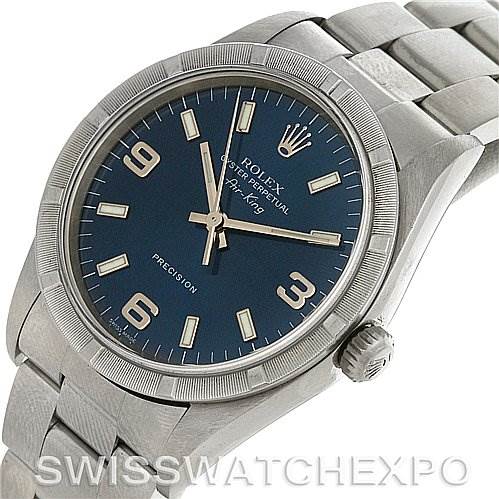 The image shows a Rolex Air-King 14010 Men's Stainless Steel Blue Dial 14010 Men's Stainless Steel Blue Dial model watch from a front and slightly angled perspective, highlighting the face, crown, and bracelet.