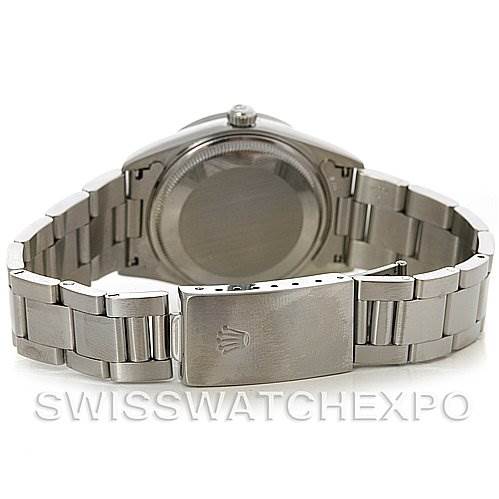 The image shows the back of a Rolex Air-King 14010 Men's Stainless Steel Blue Dial 14010 Men's Stainless Steel Blue Dial watch, detailing its clasp and link bracelet.