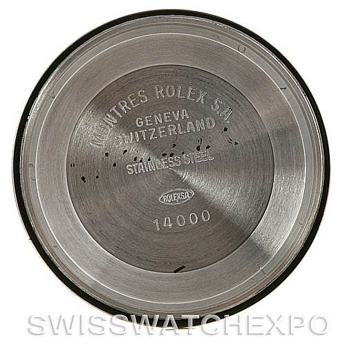 This image shows the inside of the case back of a Rolex Air-King 14010 Men's Stainless Steel Blue Dial 14010 Men's Stainless Steel Blue Dial watch, displaying the engraved brand and model information.