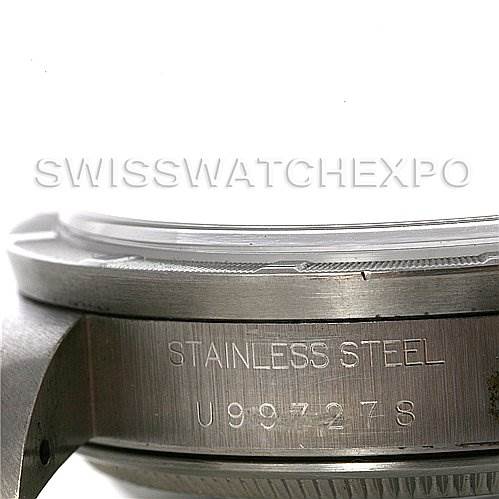 This image shows a close-up of the side casing of a Rolex Air-King 14010 Men's Stainless Steel Blue Dial 14010 Men's Stainless Steel Blue Dial watch, focusing on the stainless steel branding and serial number.
