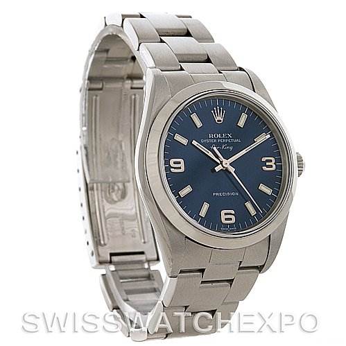 This image shows a Rolex Air-King 14000 Men's Stainless Steel Blue Dial 14000 Men's Stainless Steel Blue Dial watch angled slightly from the front, displaying the face, bezel, and part of the metal bracelet.