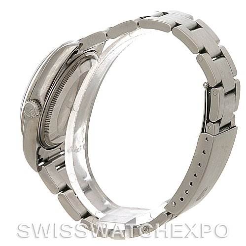 This image shows a side view of the Rolex Air-King 14000 Men's Stainless Steel Blue Dial 14000 Men's Stainless Steel Blue Dial watch, highlighting its bracelet, clasp, and case back.